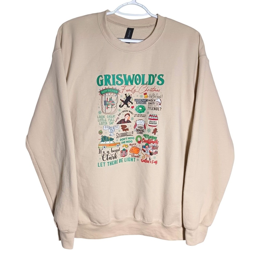 Mens M Beige Crewneck Fleece Sweatshirt Griswold Christmas Graphic Collage